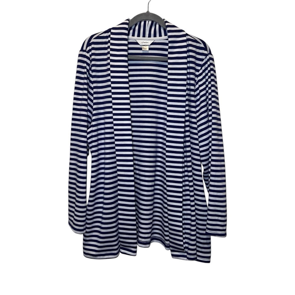 CJ BANKS Women’s Stretch Heavy Open Front Sweater Jacket Sz 2X Navy White Stripe